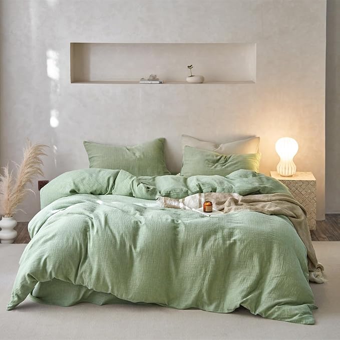 Green Duvet Cover Queen Size-Ultra-Soft, Breathable & Lightweight Muslin Cotton Linen Like Gauze Textured Comforter Cover with Zipper Closure Minimalist Duvet Cover Set- 90"x90",Mint Green