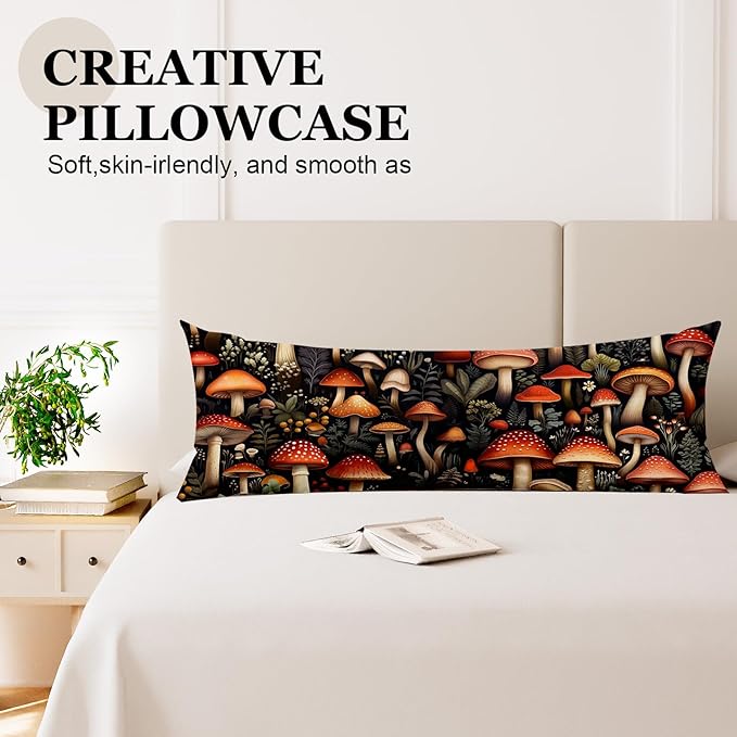Microfiber Body Pillow Cover with Hidden Zipper,Comfortable Fabric,Floral Print Pattern Body Pillow Case,Lightweight and Breathable,The Size is 20 "X 54"(Mushroom-20)