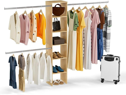 Closet System, 17" Wide Organizer with 3 Hanging Rods, Wood Tower Storage for Walk-In Closets, Wall-Mounted Wardrobe Organizer, Fits Spaces 5-9 ft
