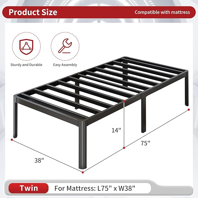 14 Inch Twin Bed Frames Rounded Corner Legs Heavy Duty Platform Twin Metal Bed Frame for Kids, Easy Assembly, Noise Free, No Box Spring Needed, Black.