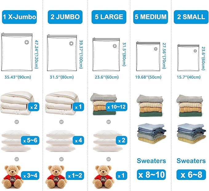 BoxLegend Vacuum Storage Bags with Large Hand Pump 15 Combo (1X-Jumbo, 2 Jumbo, 5 Large, 5 Medium, 2 Small) Thickened Vacuum Seal Bags for Clothing Pillow Comforters Bedding,1 Large Pump