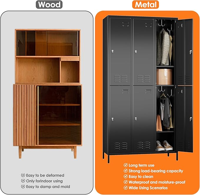 Aobabo Upgrade Metal Storage Locker for Employees, 6 Doors Steel Storage Locker with 18 Hooks for Office Gym School, Industrial Storage with 6 Shelves, Assembly Required, Black