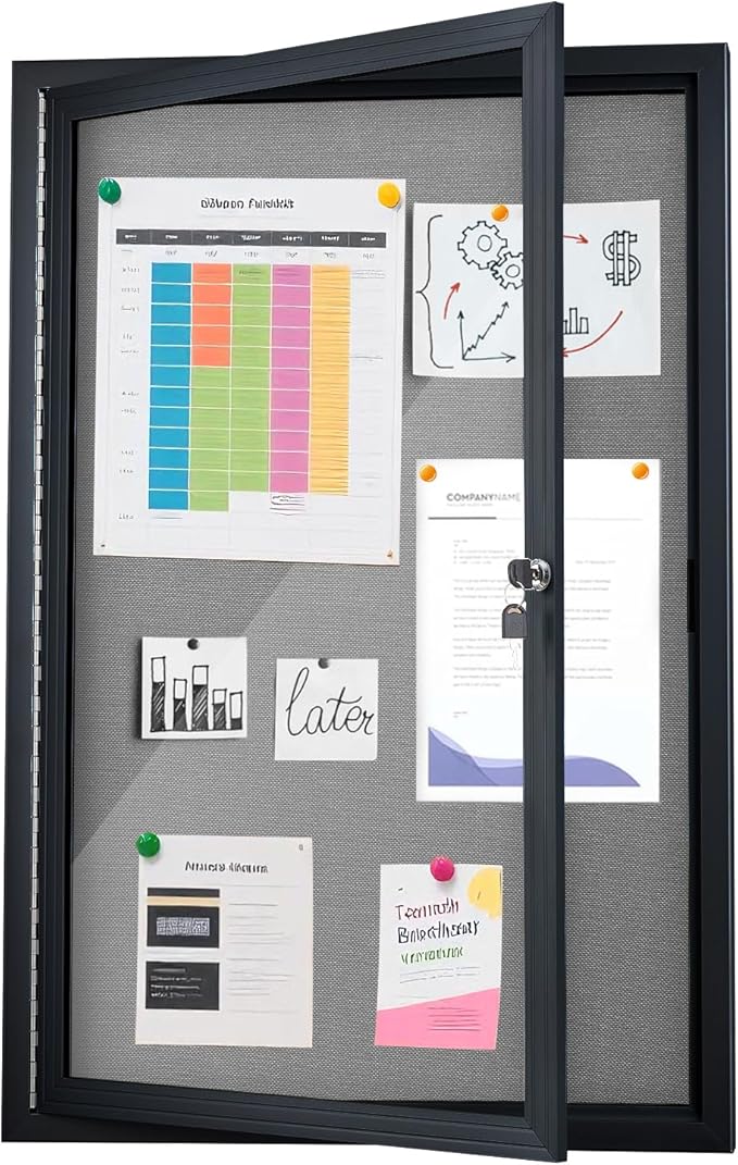 Enclosed Bulletin Board 36"x24" Outdoor Weatherproof Cork Noticeboard with Locking Door Wall-Mounted Gray Fabric Black Aluminium Frame for Home, School, Office, Community, Hospital