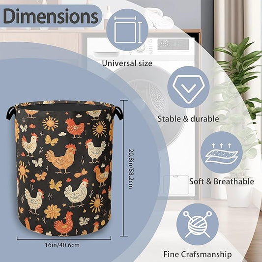 Cute Roosters Laundry Basket,Flower Butterfly Foldable with Handles Tote Bag Oxford Cloth for Bathroom Bedroom Dirty Clothes Storage Bucket 16" x 20.8"