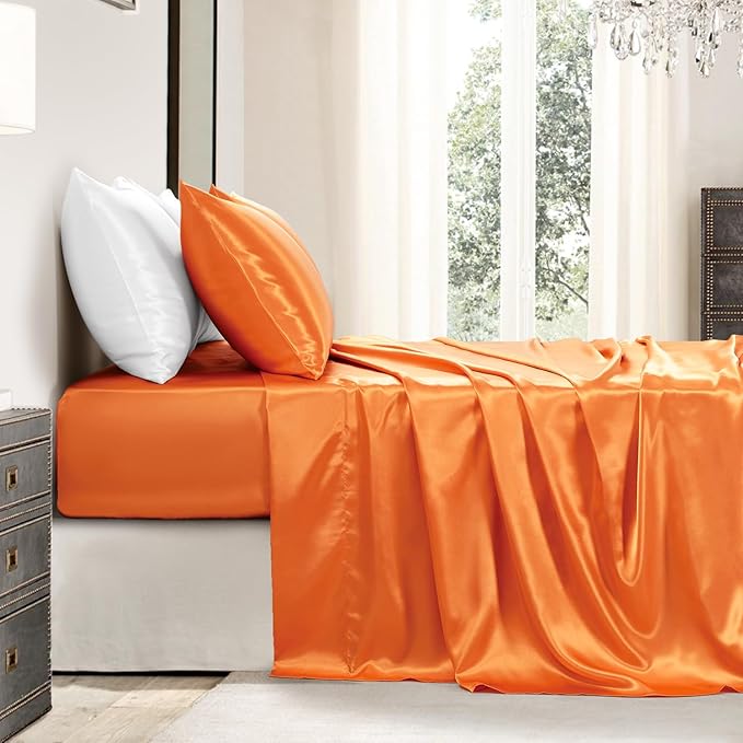 Satin Sheets King Size - 4 Pieces Luxury Silky Soft Bed Sheets, Wrinkle-Free Burnt Orange Satin Silk Sheet Set with 1 Deep Pocket Fitted Sheet, 1 Flat Sheet, 2 Pillow Cases