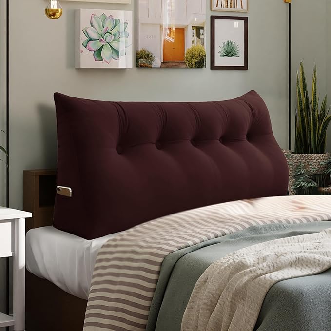 11 lbs Thickened Queen Headboard Pillow for Sitting Up in Bed, Back Support Reading Pillow with Side Pocket and Velvet Removable Cover, Triangular Large Wedge Headboard Pillow