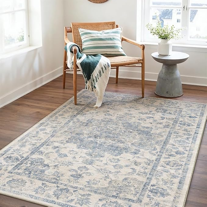 3x4 Washable Neutral Area Rug Blue Vintage Entryway Office Carpet Non-Slip Soft Low Pile Floral Throw Rug for Entrance Living Room Bathroom Dining Room
