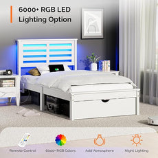 VINGLI Solid Wood Twin LED Bed Frame with USB Charging Single Panel Platform Bed with 40 Inches Tall Headboard and Underbed Storage Drawer,White