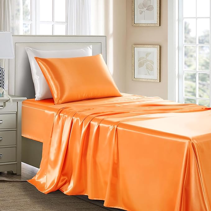 Satin Sheets Twin XL Size - 3 Pieces Luxury Silky Soft Bed Sheets, Wrinkle-Free Burnt Orange Satin Silk Sheet Set with 1 Deep Pocket Fitted Sheet, 1 Flat Sheet, 1 Pillow Case