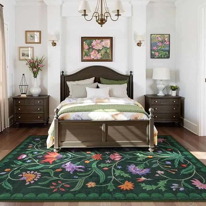 Lahome Boho Floral Washable Green 6x9 Area Rugs for Living Room, Non Slip Rugs for Bedroom, Indoor Throw Dining Room Carpet for Under Table Home Office Playroom (Forest Green,6x9ft)