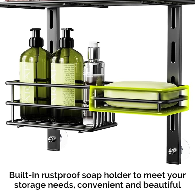 Orimade Over The Door Shower Caddy Adjustable 3 Tier Black,Bathroom Hanging Organizer Shelf Rustproof with 4 Hooks,Shower Basket with Soap Holder and Suction Cup