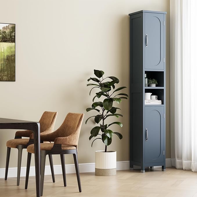 67" Tall Bathroom Storage Cabinet with Lights, Slim Narrow Bathroom Cabinet Organizer with Doors and Adjustable Shelves, Tall Cabinet for Small Space (66.9" Tall-Blue with Light, 1 Pack)