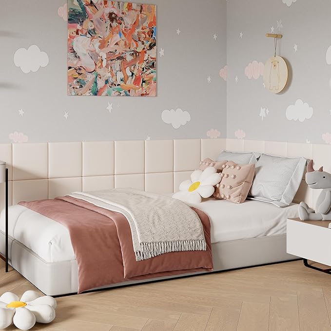 Yutianli 3D Anti-Collision Wall Padding for Kids Peel and Stick Headboard Wall Panels Pack of 10 Sized 11.8"x 11.8" White Self-Adhesive Panels for Playroom Bedroom Upholstered Wall