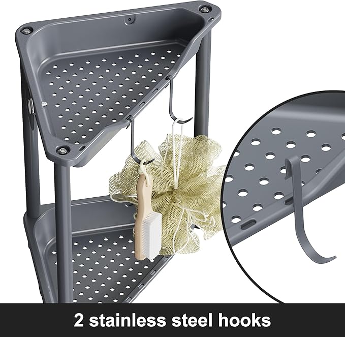 Orimade Rustproof 2 Tier Floor Standing Corner Shower Caddy Organizer, Plastic Metal Splicing Floor Corner Shelf Rack Stands for Bathroom, Grey