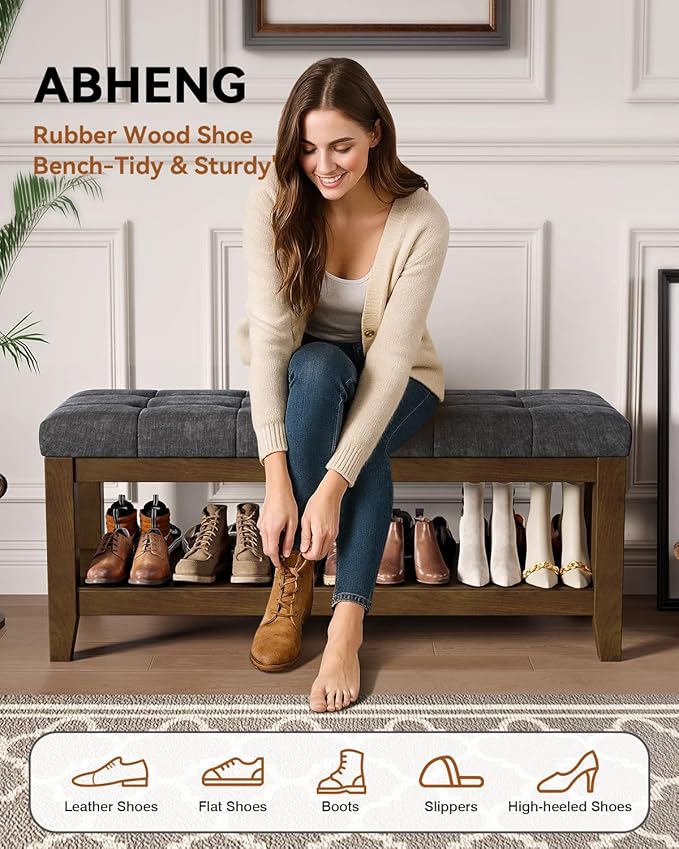 Solid Rubber Wood Shoe Bench, Soft Chenille Material Upholstered Seat, 770LB Load Capacity, Multi-Storage for Entryway/Bedroom/Living Room, Vintage Style, 43.3"x15.7"x17.7", Dark Gray,UASND65G