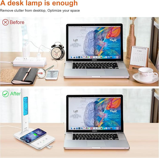 Desk Lamp with Wireless Charger, USB Charging Port, Dimmable Office Desk Light with Clock, Alarm, Date, Temperature, Foldable Lamp for Table Bedroom Bedside Office (White)