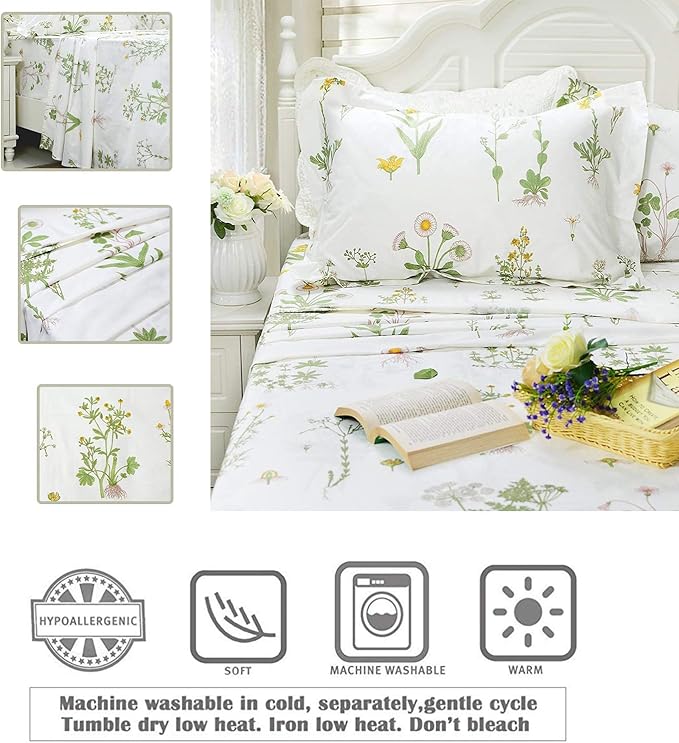 FADFAY King Bed Set Girls Bedding Farmhouse Bedding 100% Cotton Floral Bed Sheets Deep Pocket Flower Fitted Sheet Set Cozy House Sheets for All-Season (4Pcs, White, King Size)