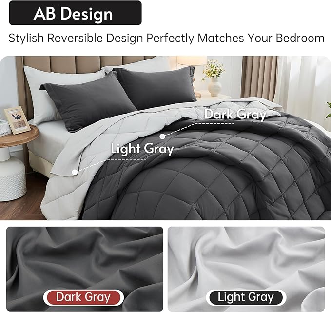 MUXHOMO 7 Pieces King Comforter Set, Reversible Bed in a Bag King Size, All Season Bedding Set with Comforter, Flat Sheet, Fitted Sheet, Pillowcases & Shams, Dark Grey & Light Grey