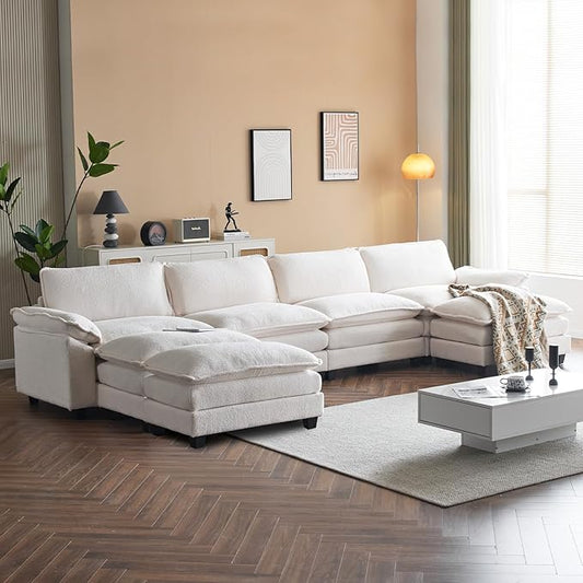 VINGLI 157" Cloud Teddy White Convertible Sectional Sofa, Comfy U-Shape Extra Deep Seat Sofa Couch for Living Room,Modern Chenille 4-Seat Convertible Sofa with 3 Movable Ottomans for Small Space