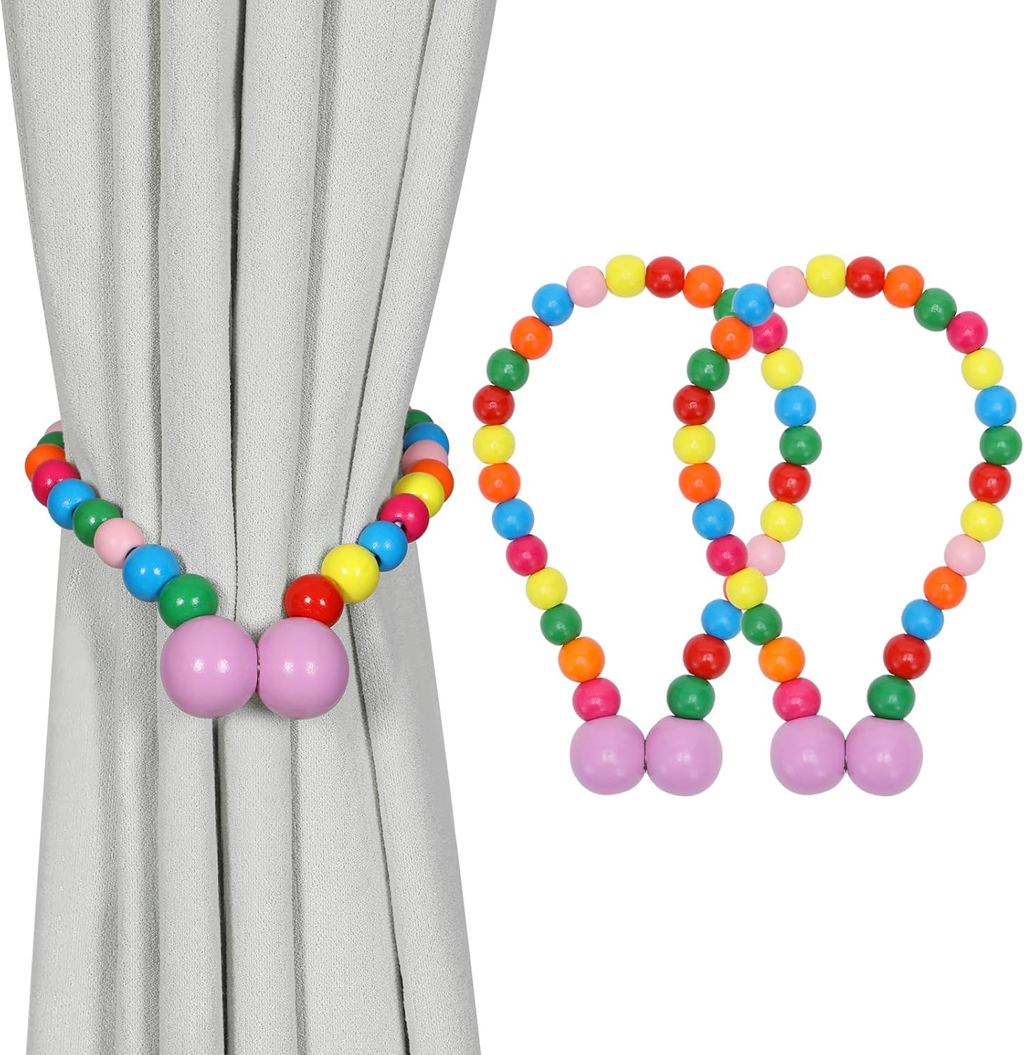 KLOGTSIND Magnetic Curtain Tiebacks, Curtain Tie Backs for Curtains 4 Pack, Wood Bead Curtain Tiebacks, Curtain Holders for Boho Bedroom Decor, Baby Nursery Decor, Farmhouse Decor Dormly