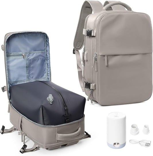 suwasp Vacuum Compression Backpack, 40L Expandable Travel Backpack with Electric Vacpack Pump, Travel Vacuum Bags with Shoe Compartment/15.6inch Laptop Compartment/USB Port, Brown