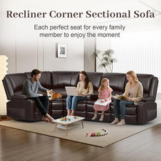 Manual Reclining Sectional Sofa Set, 5 Seats 1+1+3 Leather Reclining Corner Sectional Couch, Family-Sized L-Shaped Recliner Couch with USB Charging, Thickened Padding, Sturdy Frame, Brown