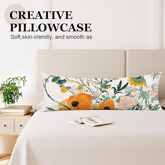 Microfiber Body Pillow Cover with Hidden Zipper,Comfortable Fabric,Floral Print Pattern Body Pillow Case,Lightweight and Breathable,The Size is 20 "X 54"(Flower-11)