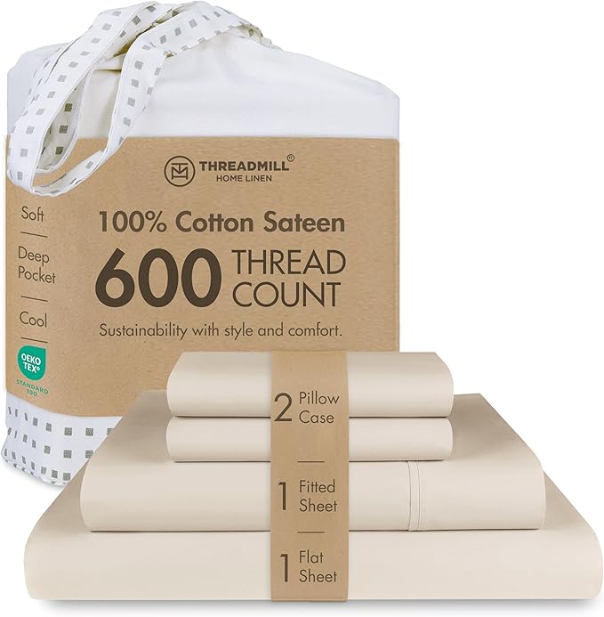 Threadmill 100% Cotton Sheets for King Size Bed - 600 Thread Count King Bed Sheets Set with 16” Deep Pocket - Sateen Weave 4-Piece Bedding Set with Cooling Effect, Beige