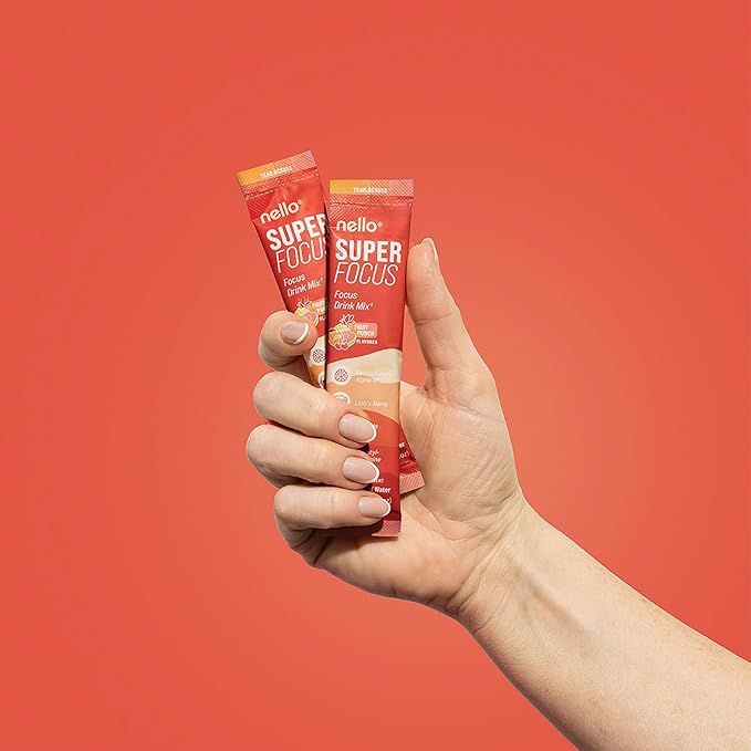 Nello Superfocus Focus Drink Mix – Fruit Punch Flavor – Alpha GPC, Lion’s Mane, Rhodiola & N-Acetyl L-Tyrosine – Sugar-Free, On-The-Go Packets – 20 Servings