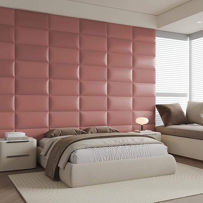 Pink Peel and Stick Wall Panels Headboard Set - 12-Panel Wall Mount Bed Backboard Queen/King Size, 24"x12" Faux Leather Panels
