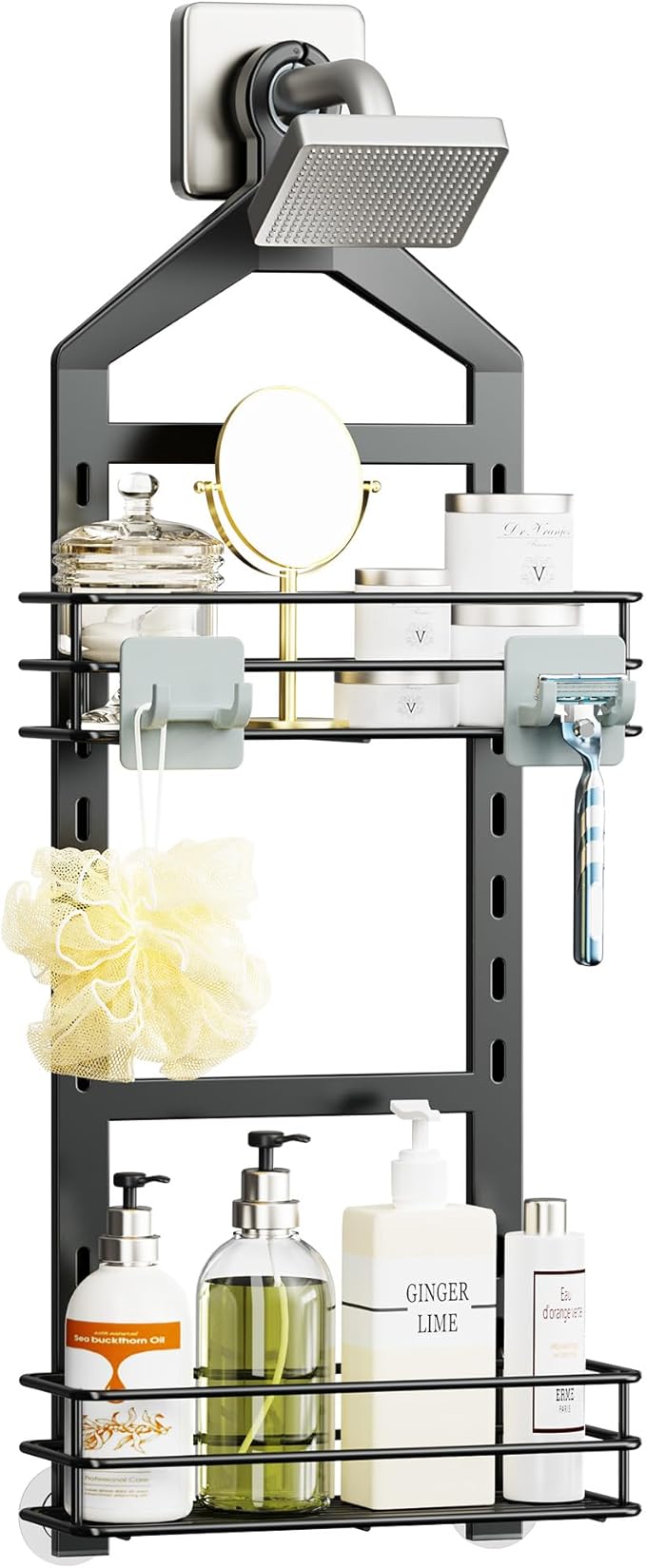Orimade Adjustable Anti-slip Shower Caddy over Head, Rustproof Bathroom Hanging Shower Organizer with 2 Hooks for Razor, No Drilling Shower Shelves Storage Rack 2 Tier, Black