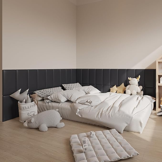 3D Anti-Collision Wall Padding for Kids Self-Adhesive 4PCS Black headboard Panels for Wall Peel and Stick headboard