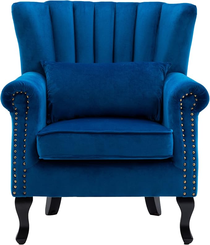 Accent Chairs Set of 2 with Arm Comfy Living Room Chair Mid-Century Modern Wingback Side Chair Velvet Single Sofa Couch for Bedroom Guest Room, Blue