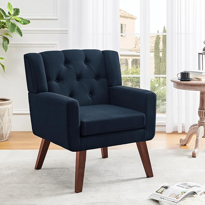 Accent Chair Button-Tufted Upholstered Living Room Chairs Comfy Reading Chair Mid Century Modern Chair with Linen Fabric Lounge Arm Chairs for Living Room Bedroom (Navy Blue)