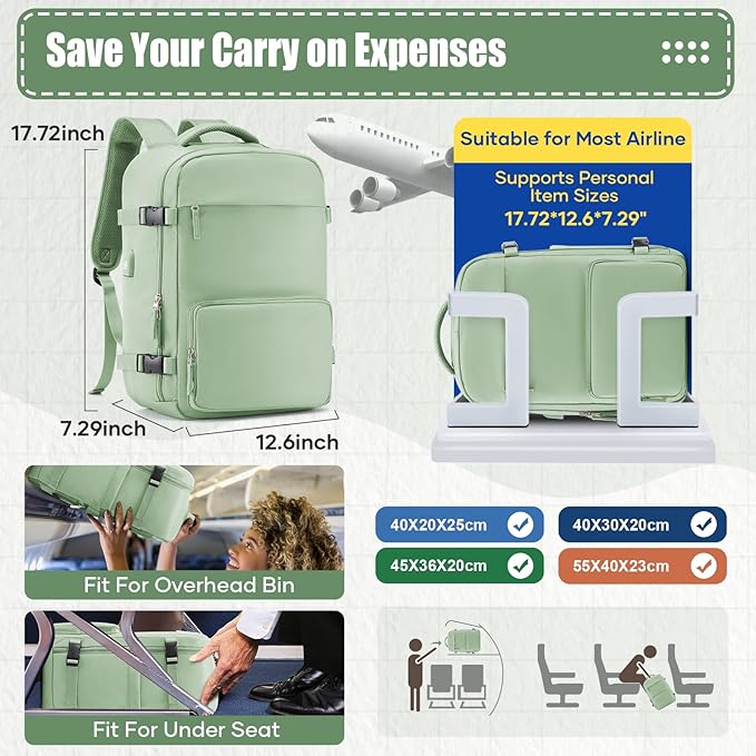 suwasp Vacuum Compression Travel Backpack with Electric Vacpack Pump, Vacuum Backpack Carry on Flight Approved, Personal Item Travel Storage Space Saver Bags for Women Men, Light Green