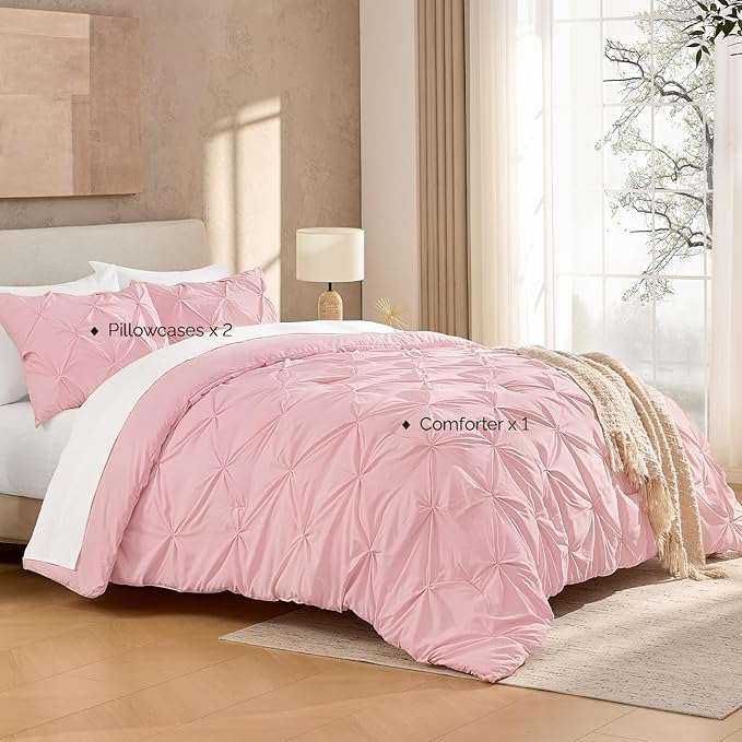 Andency Pink Comforter Set Oversized Queen(98x98Inch), 3 Pieces Comforter for Girls Kids, Soft Microfiber Pinch Pleat Comforter Set, All Season Lightweight Bedding Set