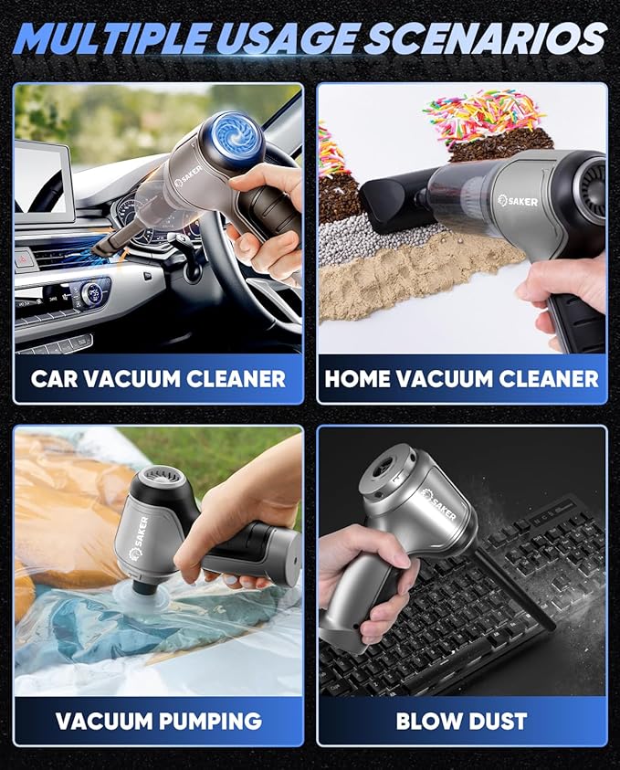 Saker Car Vacuum Portable Cordless 3 in 1 Handheld Car Vacuum 15000PA High Power with Brushless Motor and TypeC for Christmas Cars,Office,Home Cleaning HL107B