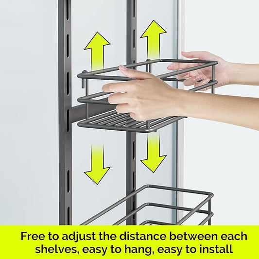 Orimade Over the Door Shower Caddy Adjustable 3 Tier Dark Grey,Bathroom Hanging Organizer Shelf Rustproof with 4 Hooks,Shower Basket with Soap Holder and Suction Cup
