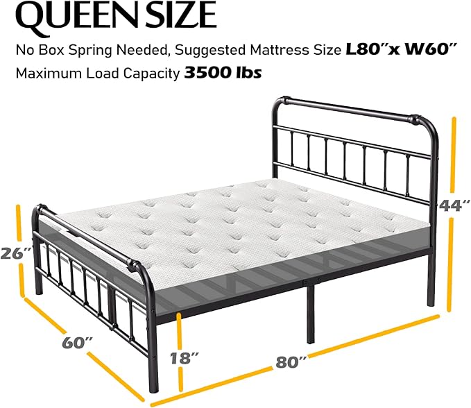 Queen Size Bed Frame with Headboard and Footboard, 18 Inches High, 3500 Pounds Heavy Duty Metal Slats Support for Mattress, No Box Spring Needed, Noise-Free, Black