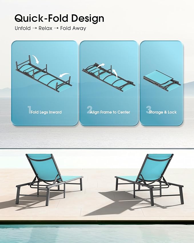 Ciokea Upgraded Aluminum Outdoor Lounge Chair - No Assembly Needed, Foldable Patio Chaise Lounge with 5 Adjustable Positions, Reinforced Frame for Extra Durability, Pool Beach Lounge Chair,Lake Blue