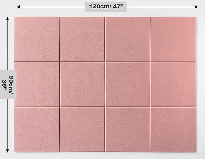 Felt Wall Tiles | Large Cork Board Alternative | Aesthetic Felt Bulletin Board for Office, Home & Classroom | Large Cork Boards for Walls Pinboard (12-Pack) | Pink