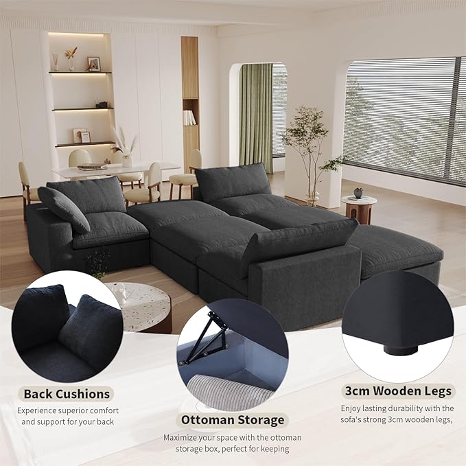Cloud Couch Modular Sectional Sofa with Storage Ottoman,160.6" Down Filled 6 Seater Couch,V Shaped Oversized Convertible Sectional Sofa for Living Room,Covers Removable & Washable, Black