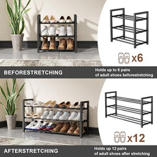 3-Tier Expandable Shoe Rack, Adjustable Shoe Shelf Storage Organizer Heavy Duty Metal Free Standing Shoe Rack for Entryway Closet Doorway (Black)