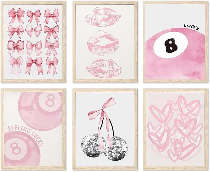 Cute Pink Girl Poster Set of 6, Light Pink Coquette Wall Art Trendy Lucky 8 Ball Wall Decor Paintings Pastel College Apartment Bedroom Living Room Dorm 8x10 inch Unframed