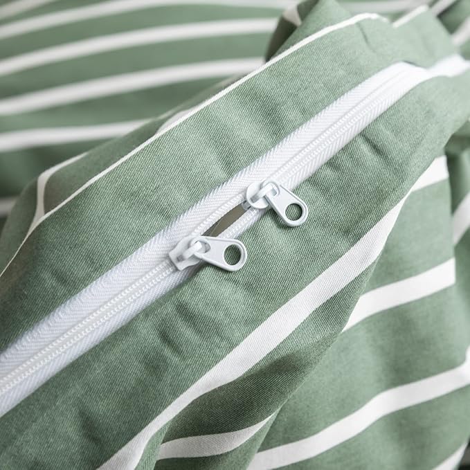 JELLYMONI Queen Duvet Cover Set, Cotton Duvet Cover 3 Pieces with Zipper Closure, 1 Duvet Cover and 2 Pillowcases(Green with White Striped)
