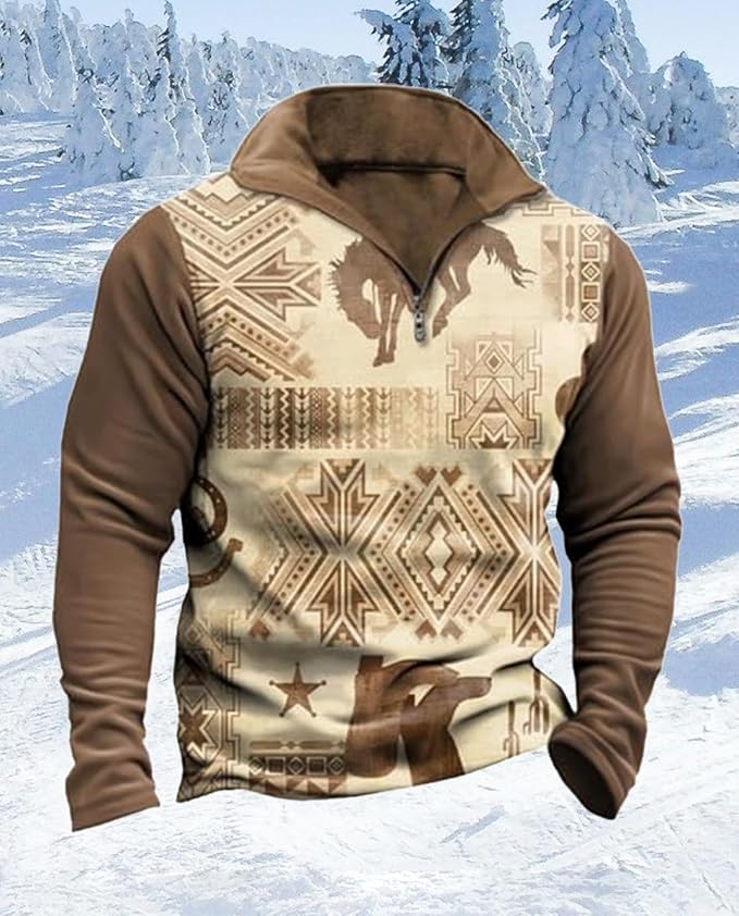 Western Sweatshirts for Men Aztec Cowboy Vintage Graphic Fleece Hoodie Mens Quarter Zip Pullover Country Jacket