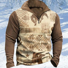 Western Sweatshirts for Men Aztec Cowboy Vintage Graphic Fleece Hoodie Mens Quarter Zip Pullover Country Jacket