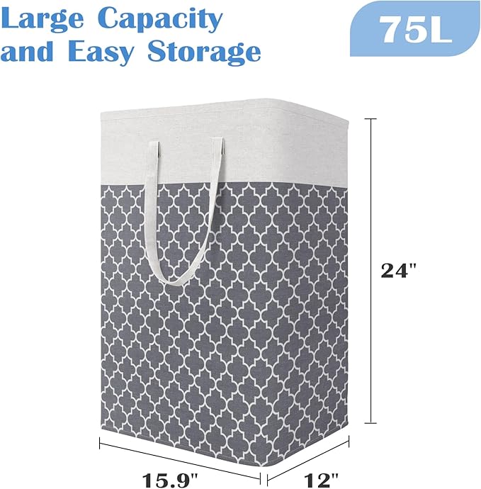 BlissTotes 3-Pack Laundry Basket, Freestanding＆Waterproof Laundry Hamper, Collapsible Tall Clothes Hamper with Easy Carry Handles for Clothes, Towels in the Family and Dorm,Clover Grey,75L