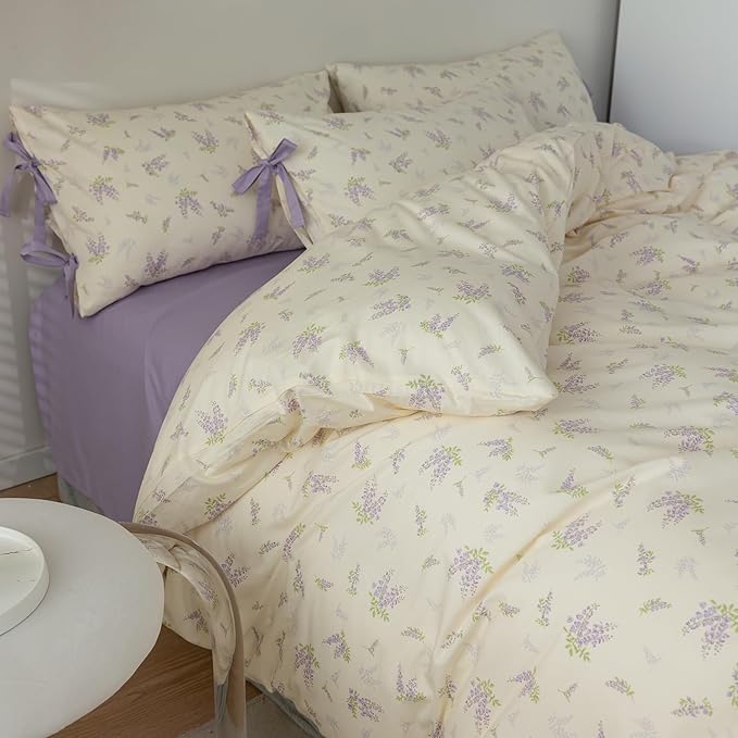 mixinni Lavender Flower Duvet Cover Queen Cotton Teenage Girls Flower Leaf Print 3pc Soft Cottage Ribbon Bedding Set Comforter Cover with Bowknot Pillowcase Perfect for Girls- (3pcs, Queen Size)