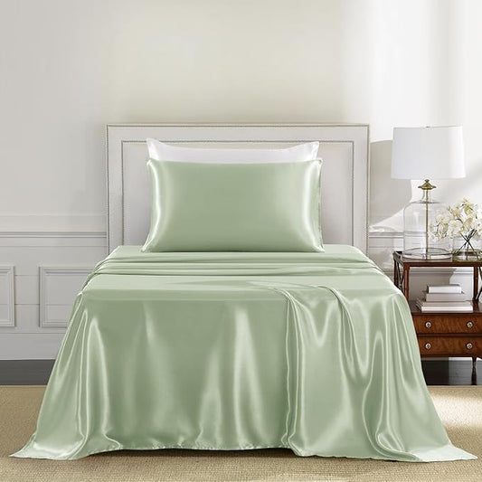Satin Sheets Twin Size - 3 Pieces Luxury Silky Soft Bed Sheets, Wrinkle-Free Sage Green Satin Silk Sheet Set with 1 Deep Pocket Fitted Sheet, 1 Flat Sheet, 1 Pillow Case